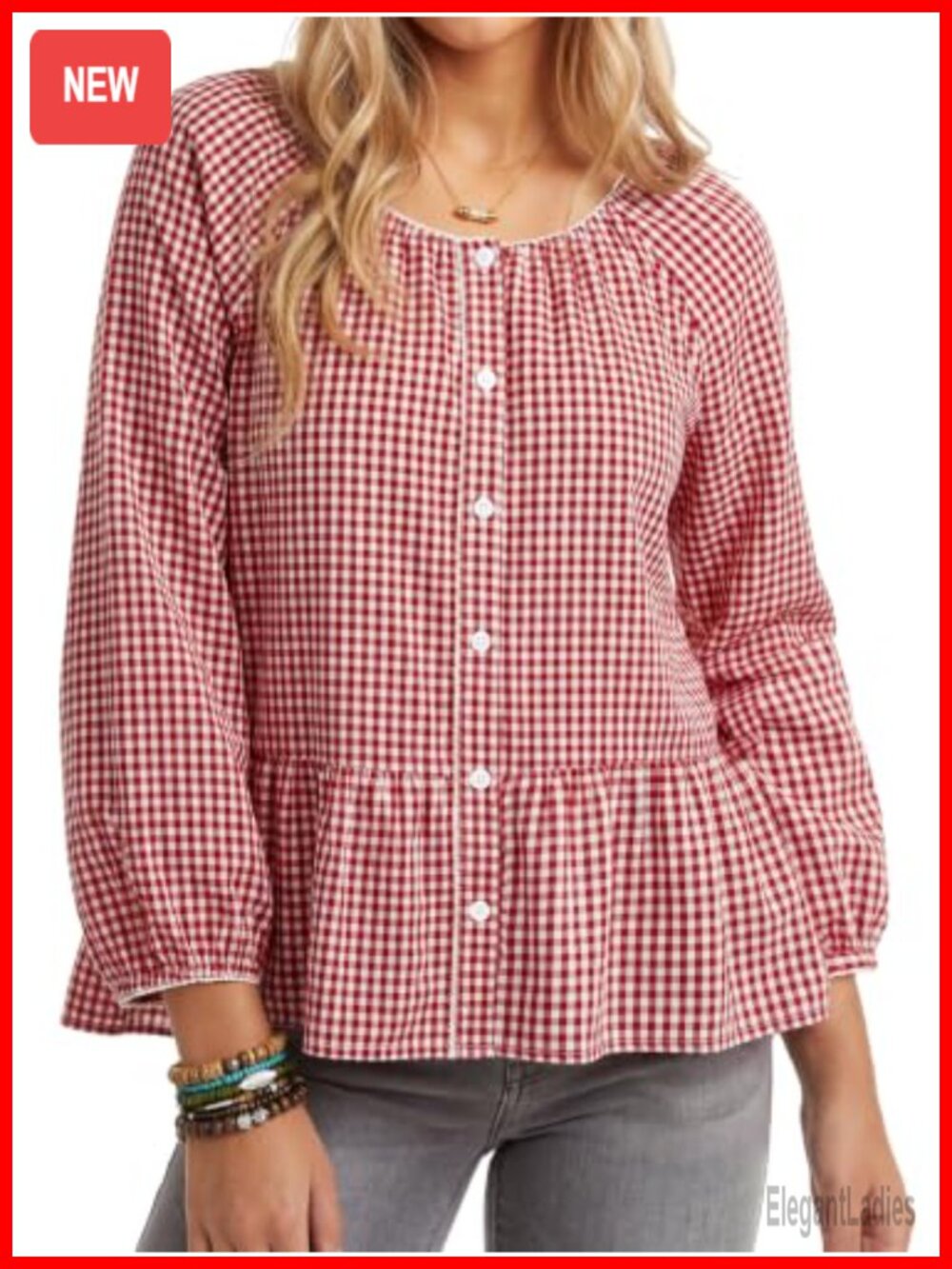 Cotton Gingham Peplum Blouse Button Down Long Sleeve Ruffle Hem